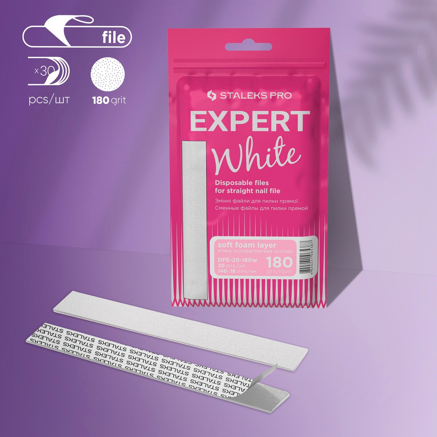 Staleks Disposable white files for straight nail file on a soft foam layer EXPERT 20 | 180 grit (30 pcs)